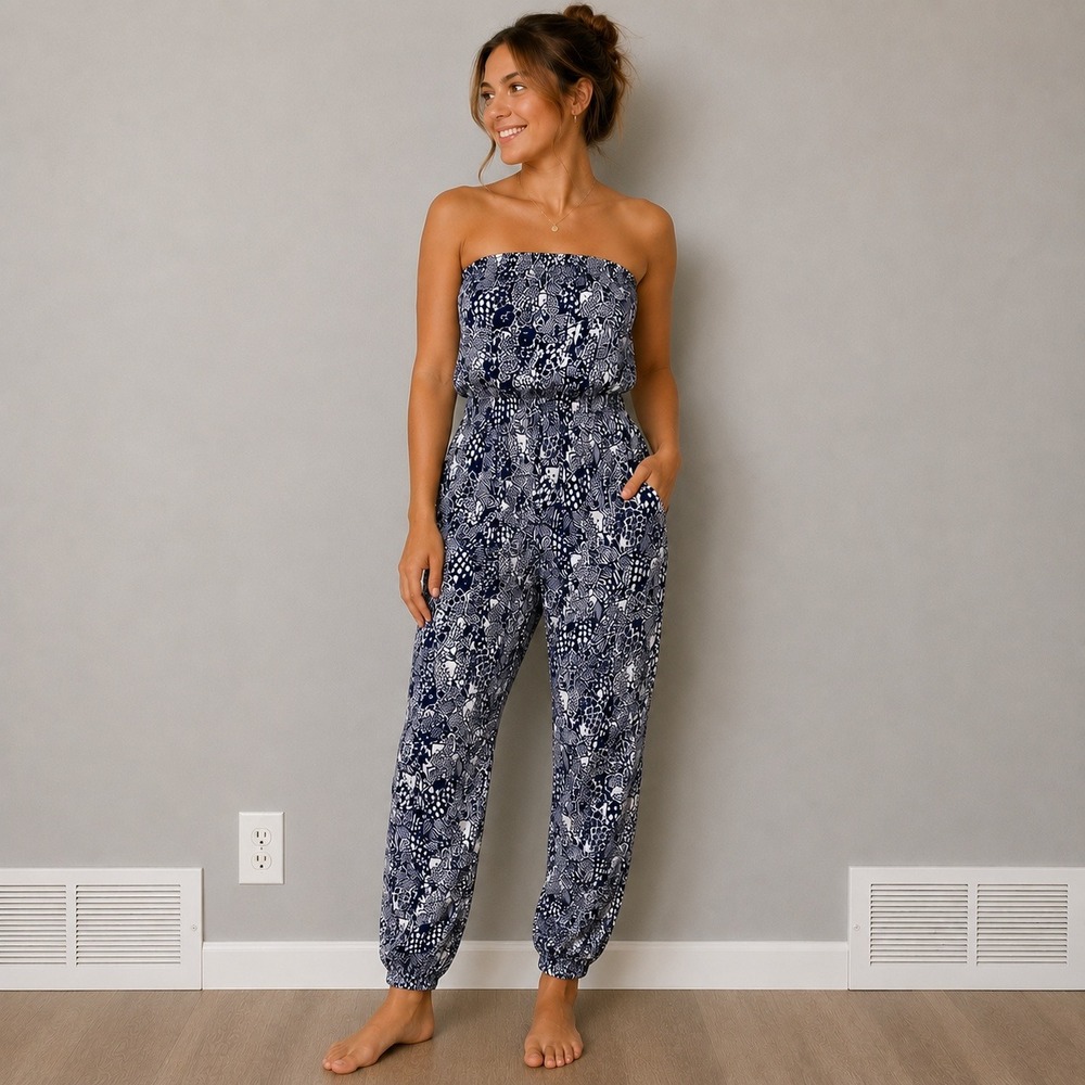 Lilly Pulitzer for Target Strapless Jumpsuit Navy White Fish Print Smocked S